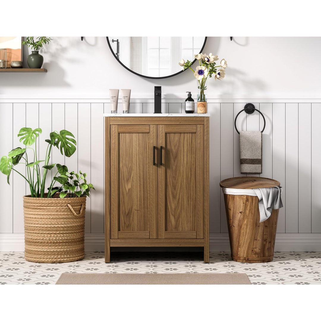 24 Inch Single Bathroom Vanity In Walnut Brown - View 2 - Joshua Marshal