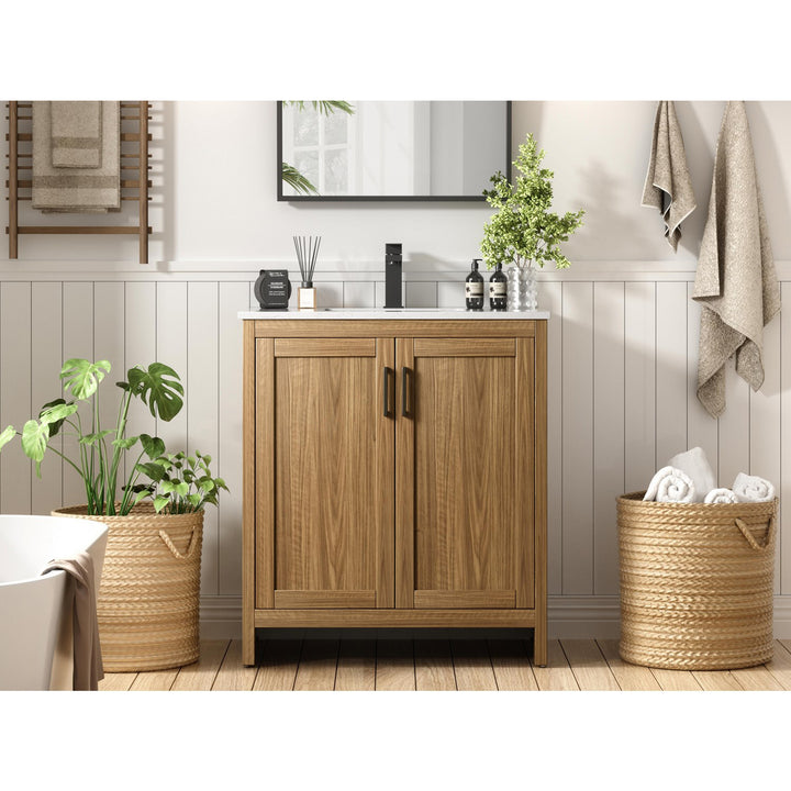 30 Inch Single Bathroom Vanity In Walnut Brown - View 2 - Joshua Marshal