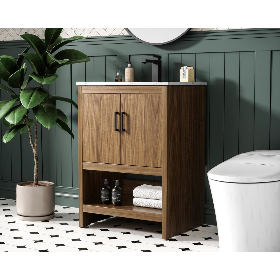 24 Inch Single Bathroom Vanity In Walnut Brown - View 2 - Joshua Marshal