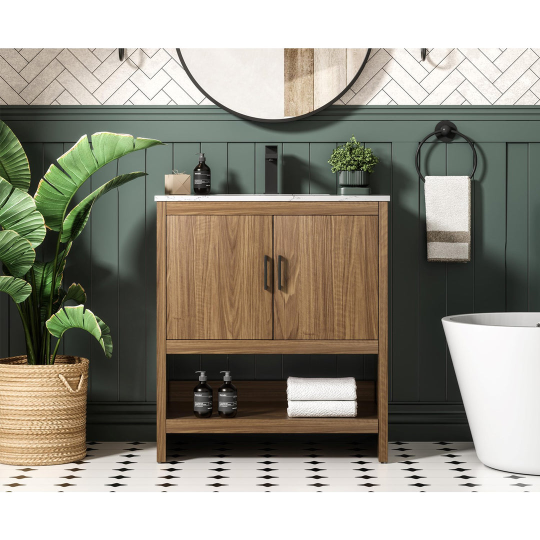 30 Inch Single Bathroom Vanity In Walnut Brown - View 2 - Joshua Marshal