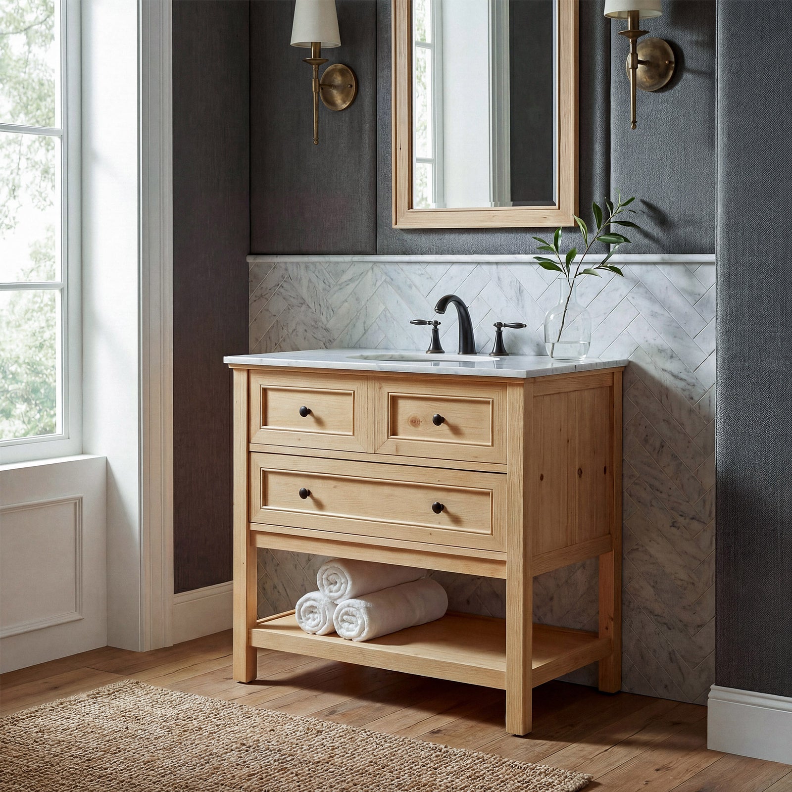 36 Inch Single Bathroom Vanity In Natural Wood - View 2 - Joshua Marshal