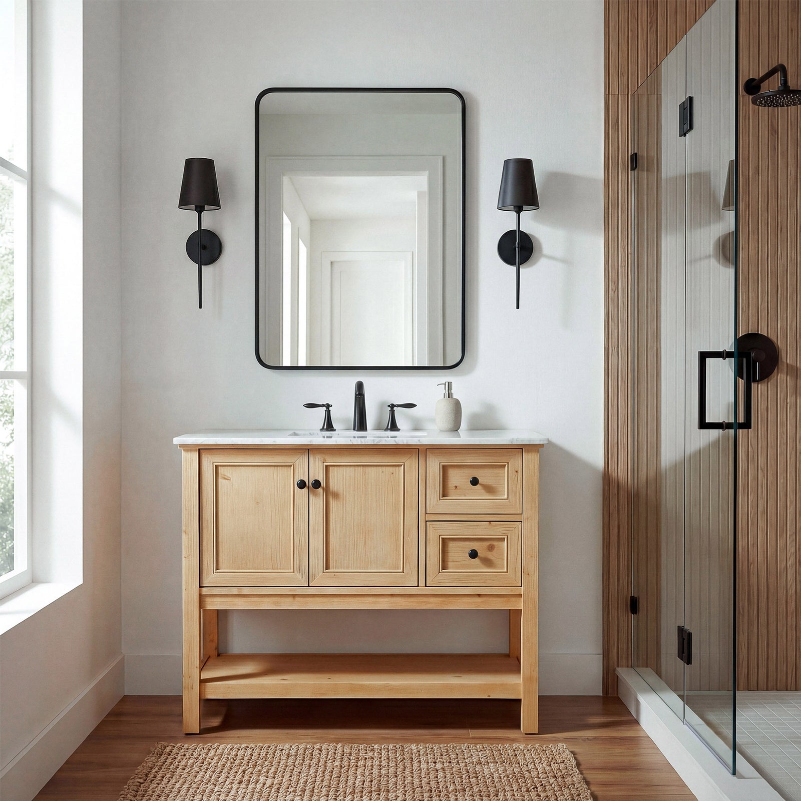 42 Inch Single Bathroom Vanity In Natural Wood - View 2 - Joshua Marshal