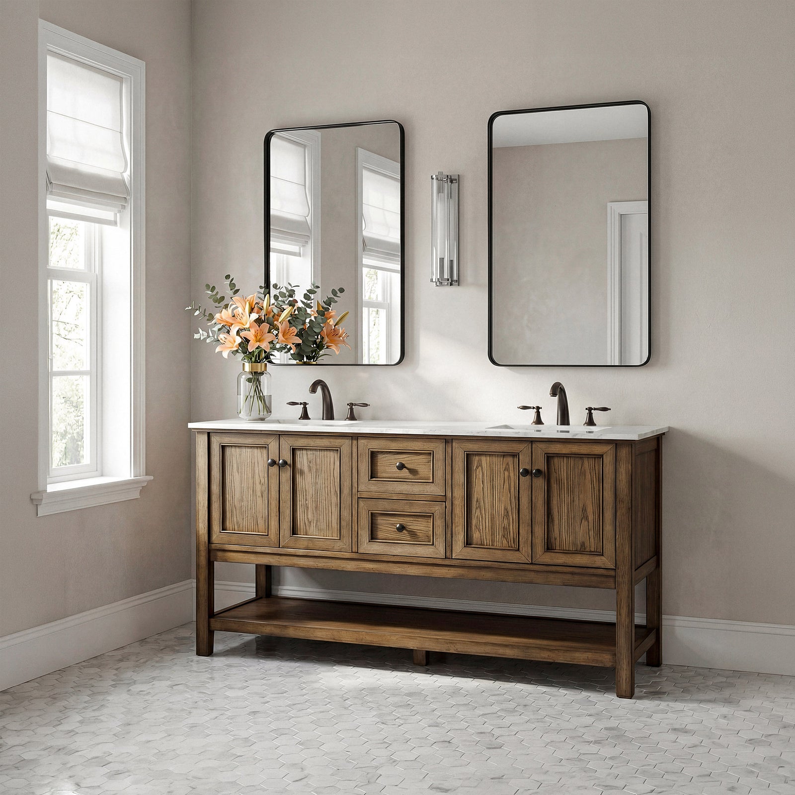 60 Inch Double Bathroom Vanity In Driftwood - View 2 - Joshua Marshal