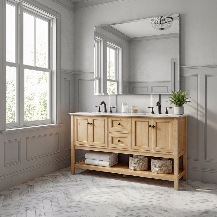 60 Inch Double Bathroom Vanity In Natural Wood - View 2 - Joshua Marshal