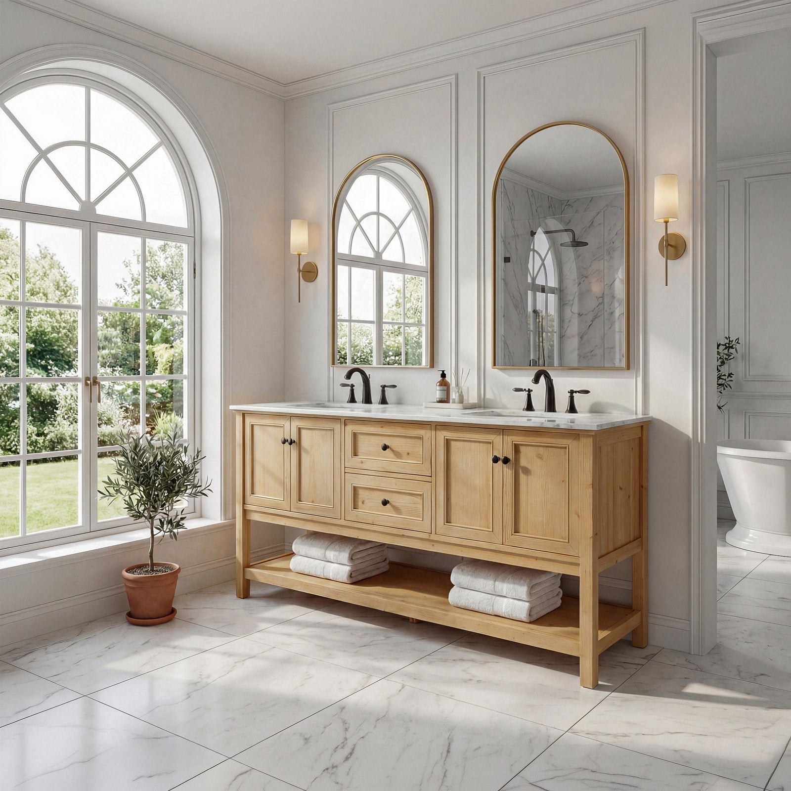 72 Inch Double Bathroom Vanity In Natural Wood - View 2 - Joshua Marshal
