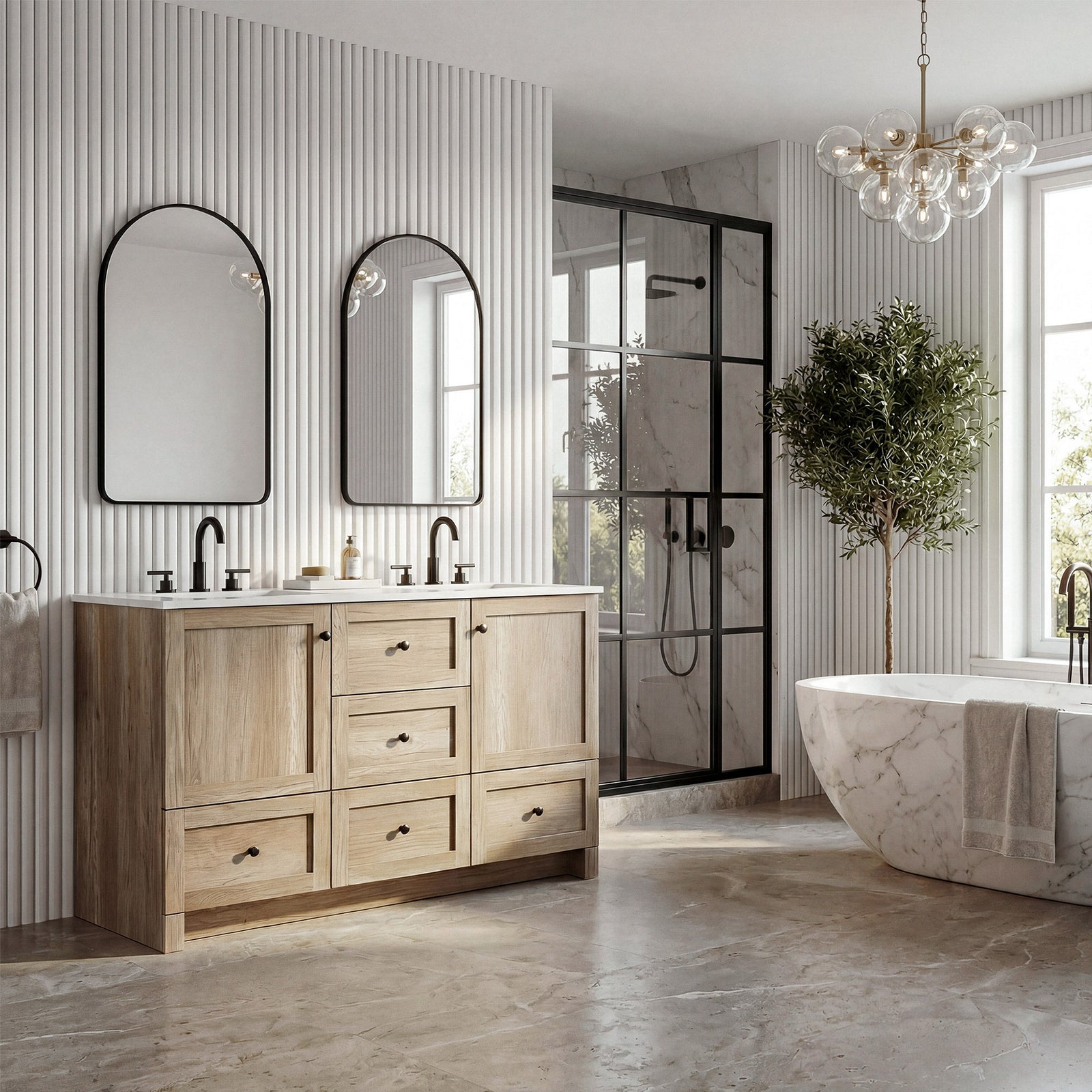 54 Inch Double Bathroom Vanity In Natural Oak - View 2 - Joshua Marshal