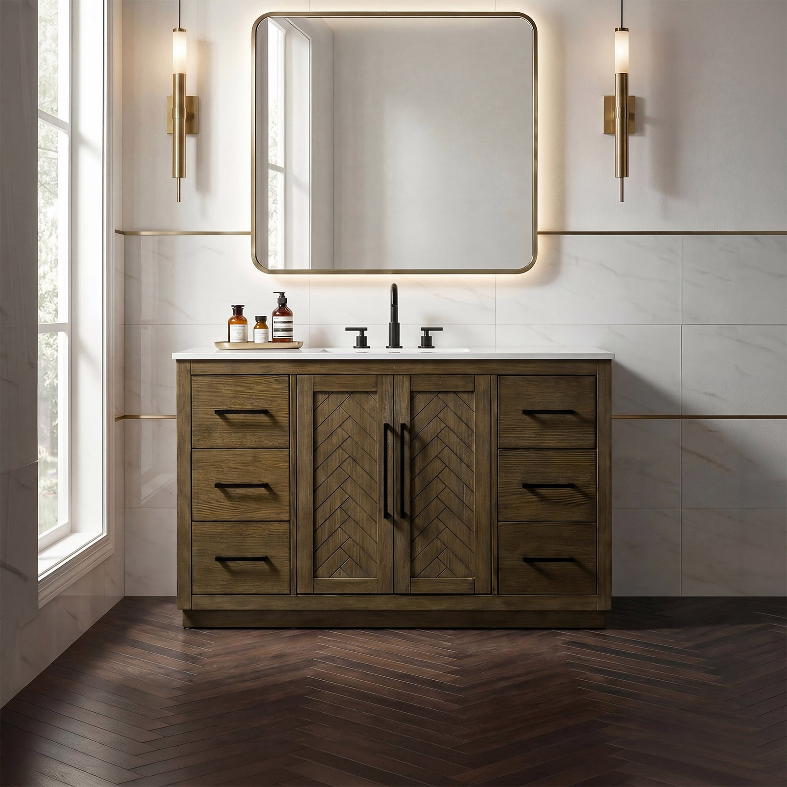 54 Inch Single Bathroom Vanity In Hazel Oak - View 2 - Joshua Marshal