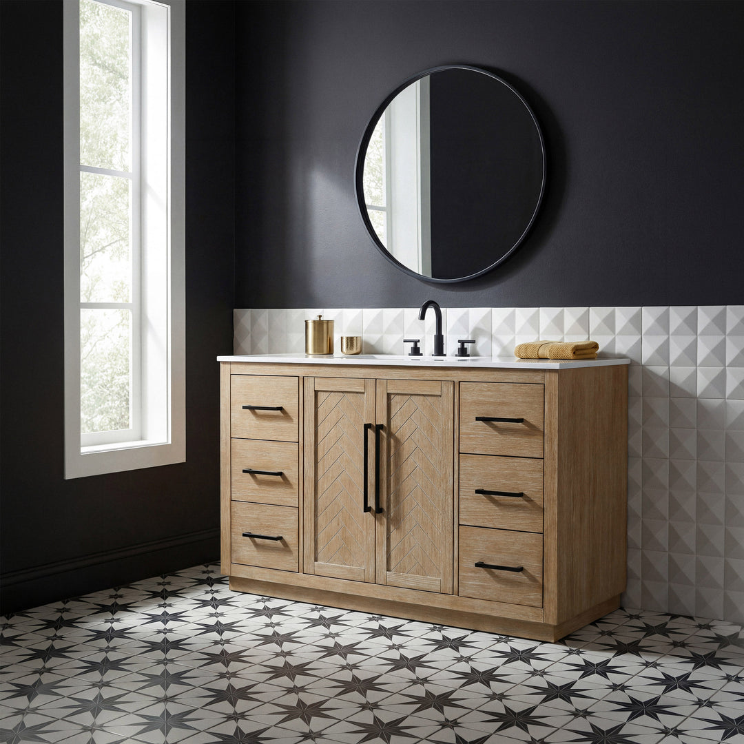 54 Inch Single Bathroom Vanity In Linen Oak - View 2 - Joshua Marshal