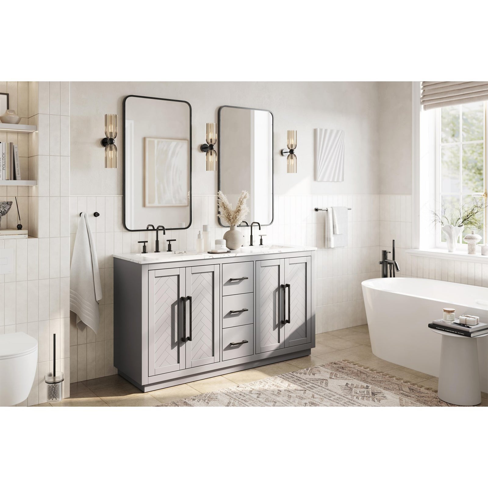 60 Inch Double Bathroom Vanity In Grey - View 2 - Joshua Marshal