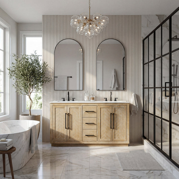 60 Inch Double Bathroom Vanity In Linen Oak - View 2 - Joshua Marshal