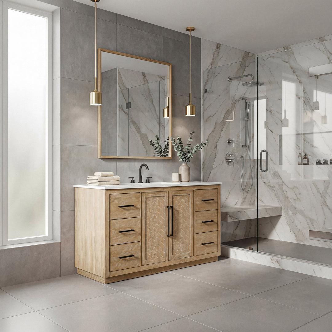 60 Inch Single Bathroom Vanity In Linen Oak - View 2 - Joshua Marshal