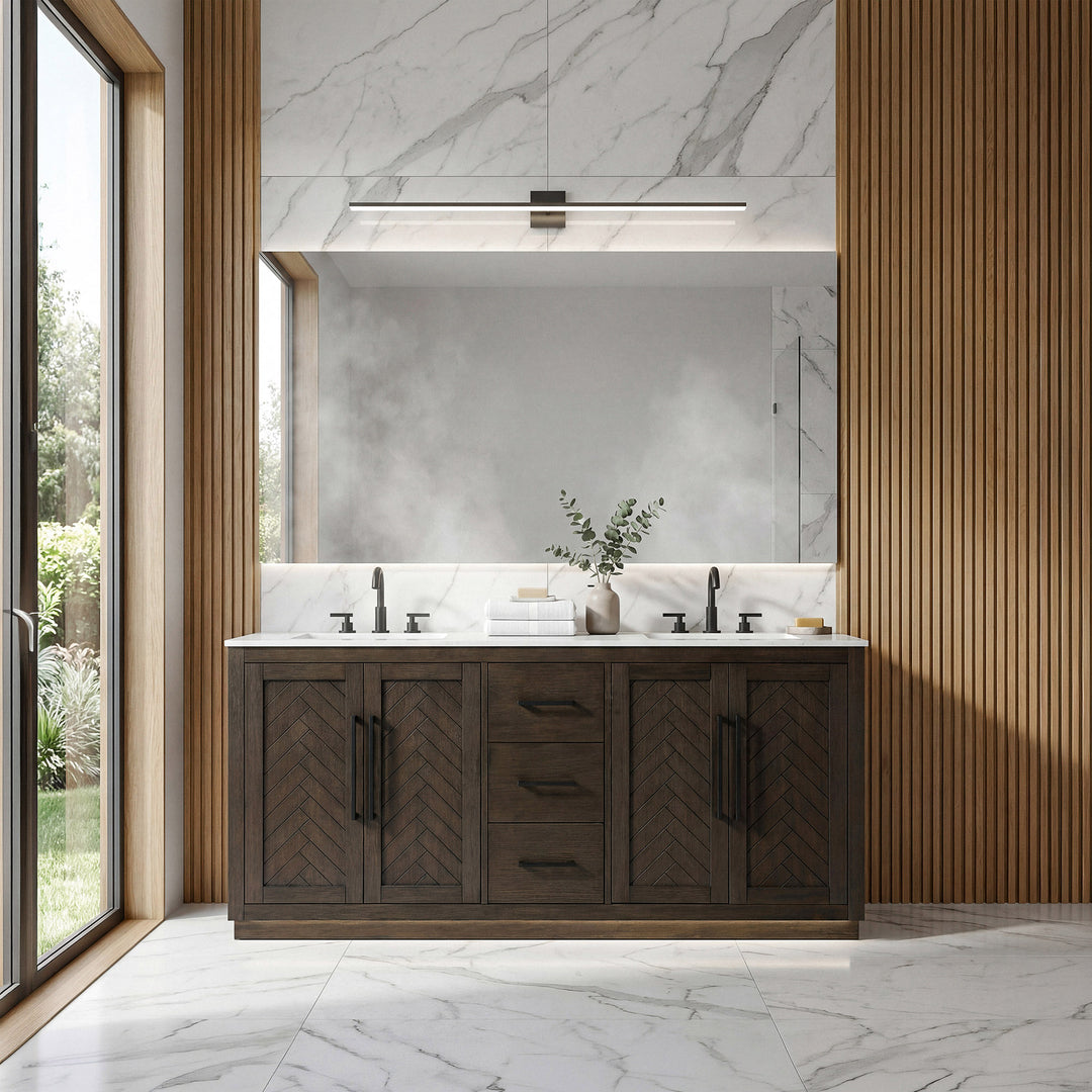 72 Inch Double Bathroom Vanity In Chocolate Oak - View 2 - Joshua Marshal