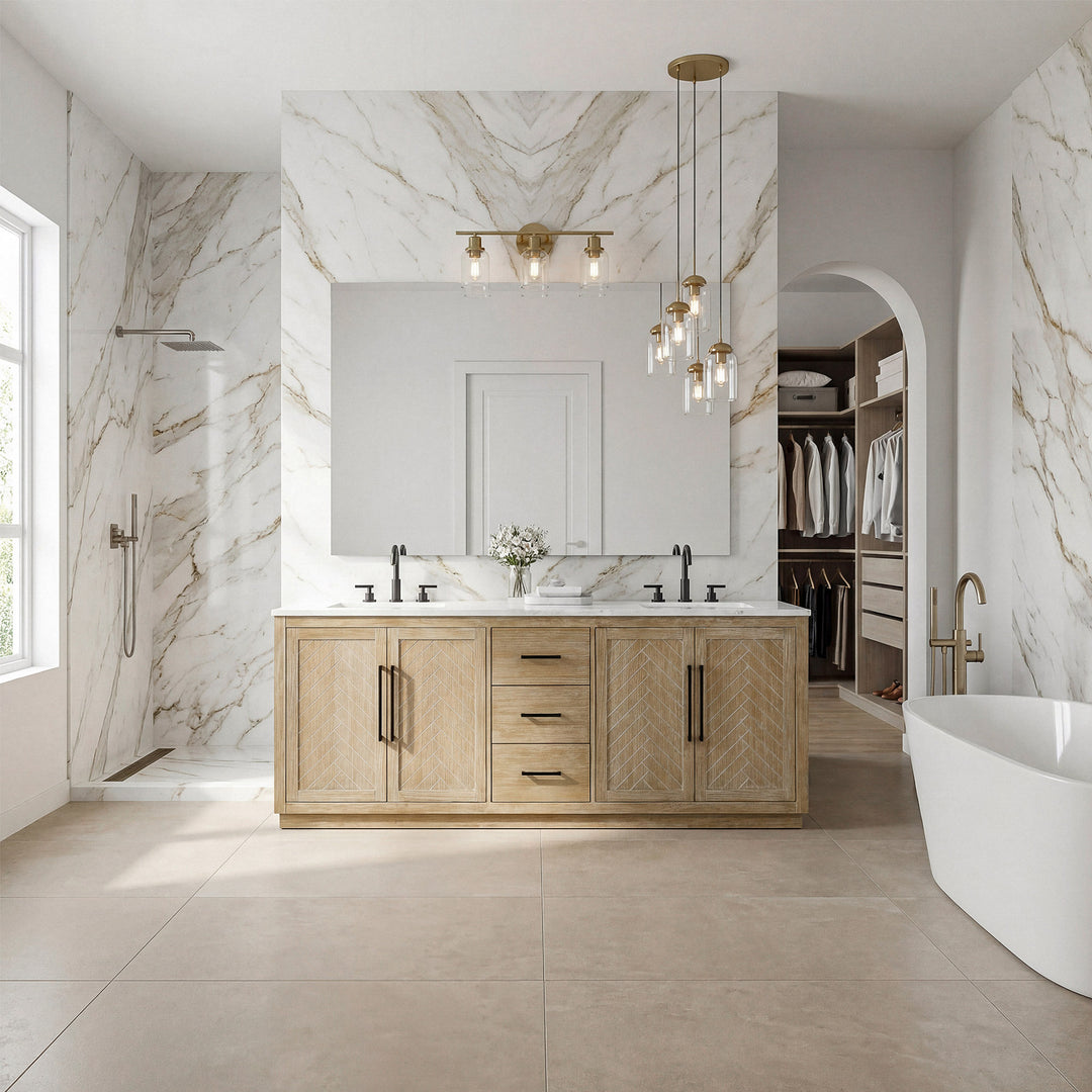 84 Inch Double Bathroom Vanity In Linen Oak - View 2 - Joshua Marshal