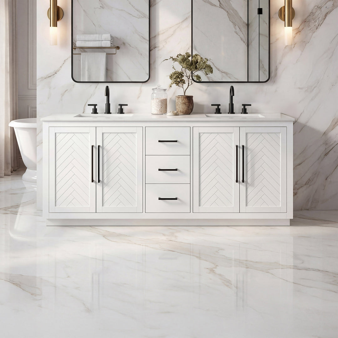 84 Inch Double Bathroom Vanity In White White Finish - KITCHEN & BATH by Joshua Marshal