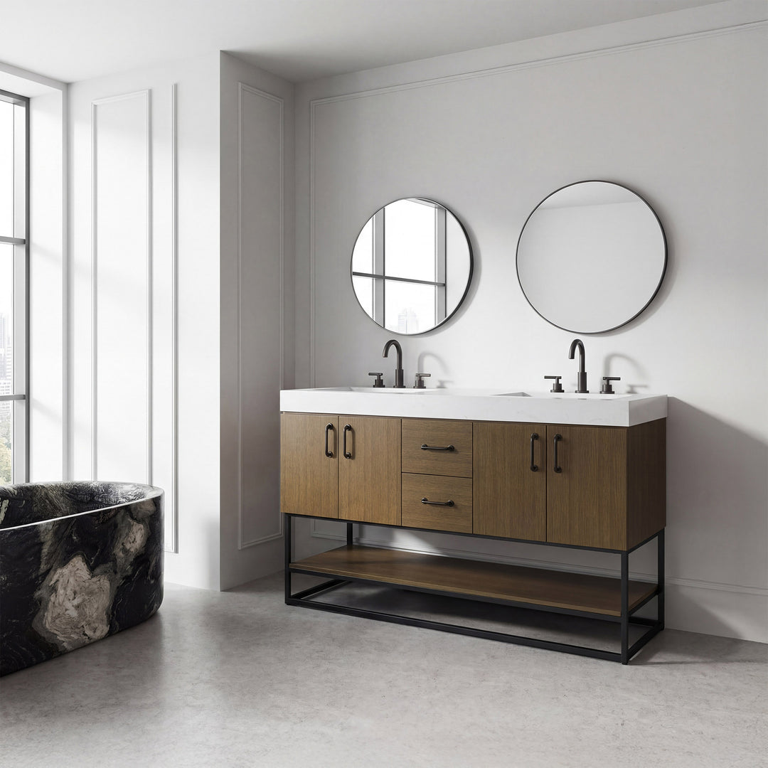 54 Inch Double Bathroom Vanity In Chestnut Brown - View 2 - Joshua Marshal