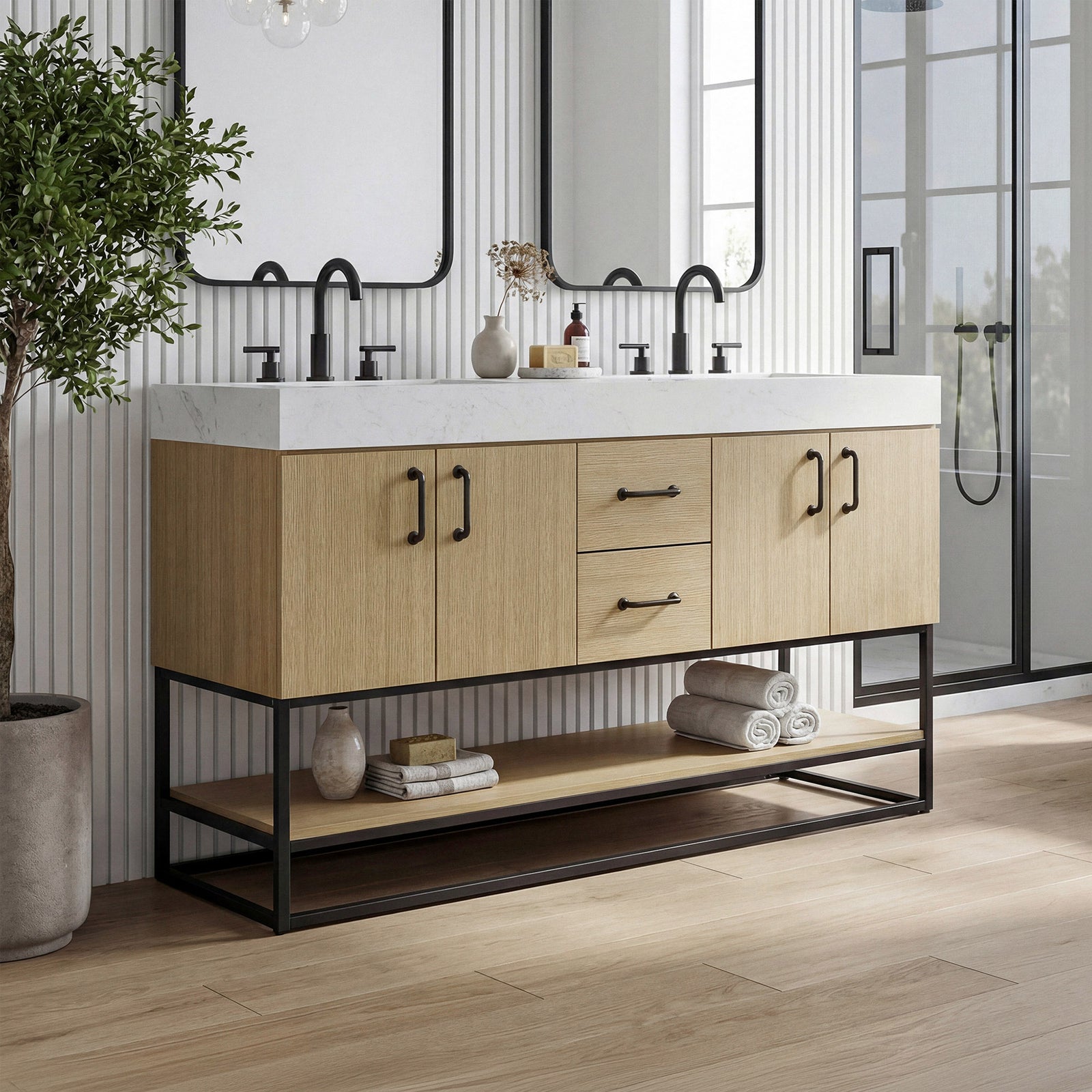 54 Inch Double Bathroom Vanity In Honey Brown Honey Brown Finish - KITCHEN & BATH by Joshua Marshal