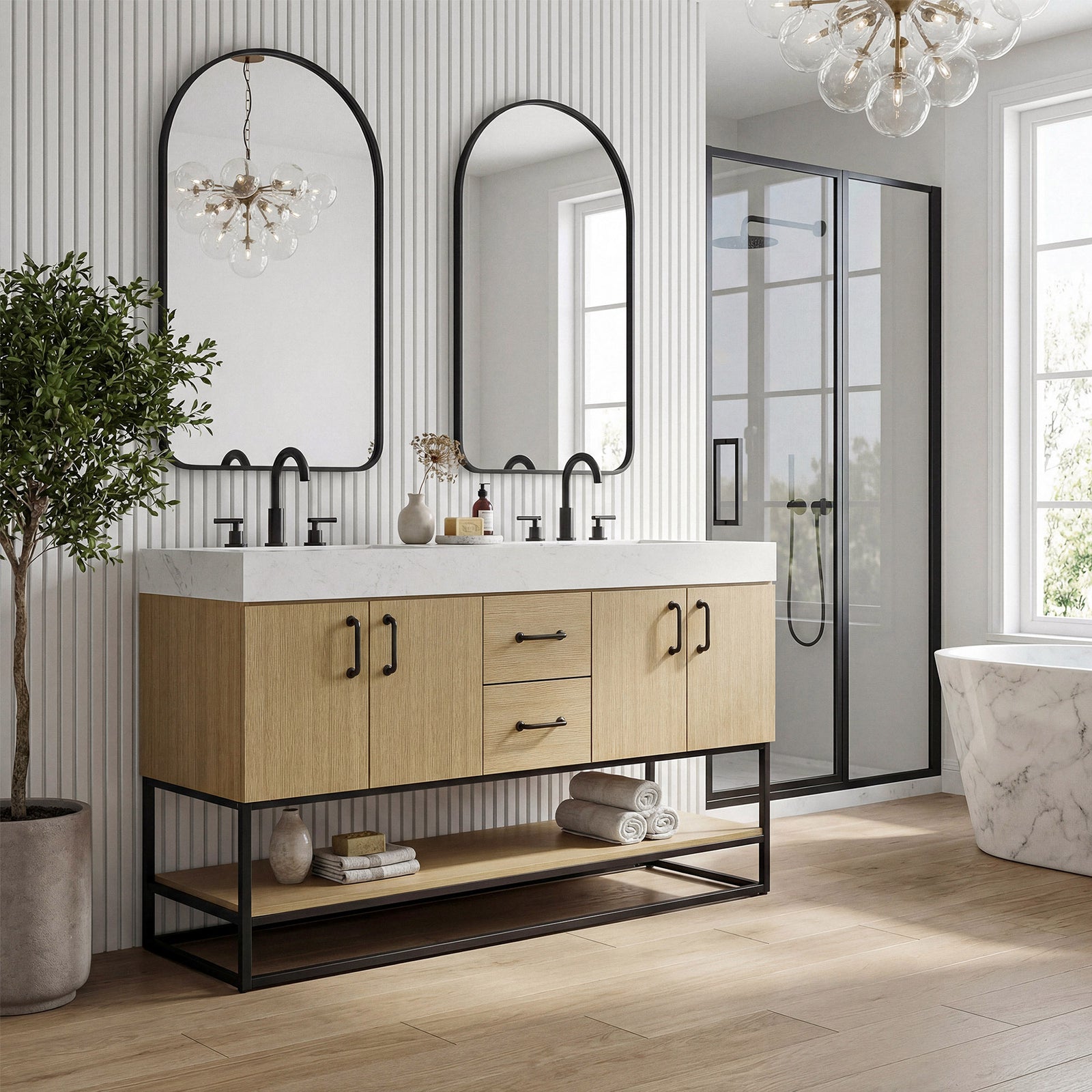 54 Inch Double Bathroom Vanity In Honey Brown - View 2 - Joshua Marshal