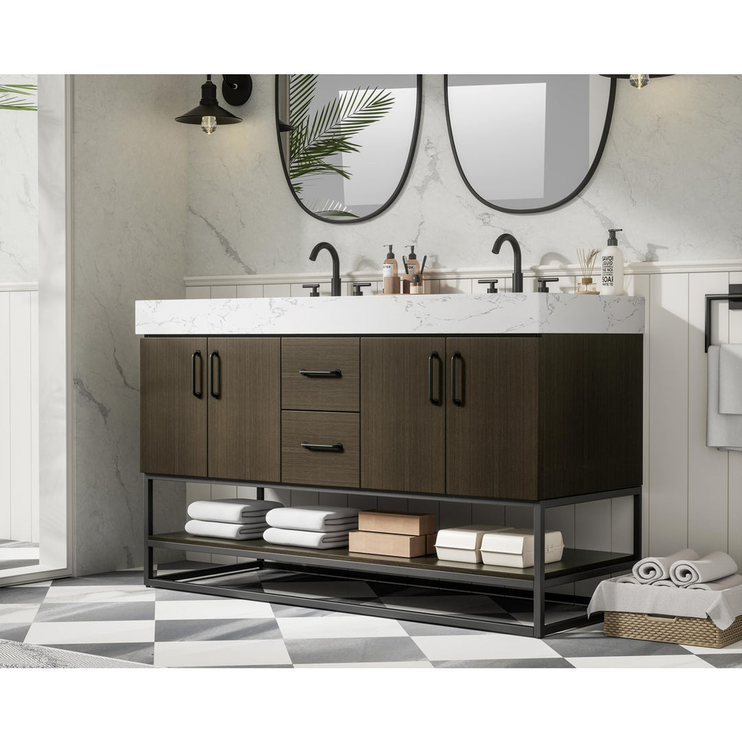 54 Inch Double Bathroom Vanity In Mocha Brown - View 2 - Joshua Marshal