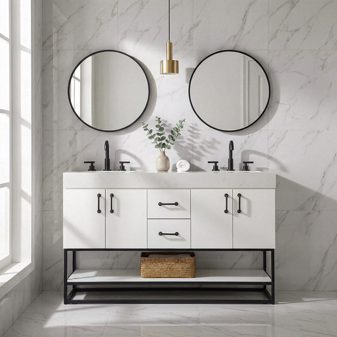 54 Inch Double Bathroom Vanity In White - View 2 - Joshua Marshal