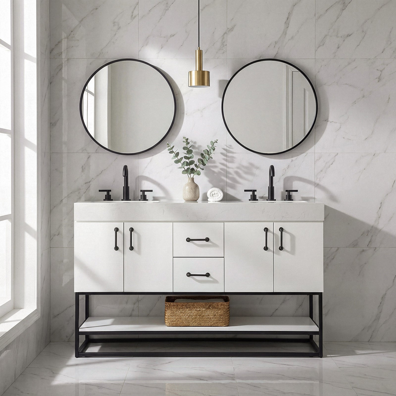 54 Inch Double Bathroom Vanity In White - View 2 - Joshua Marshal