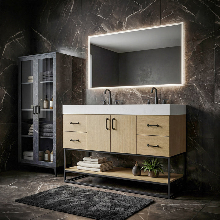 54 Inch Single Bathroom Vanity In Honey Brown - View 2 - Joshua Marshal