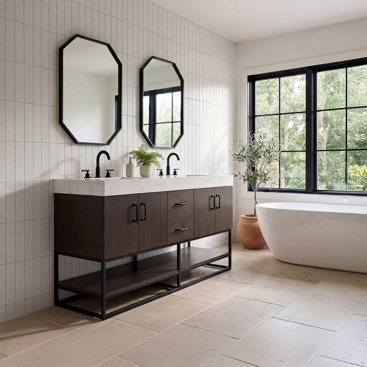 60 Inch Double Bathroom Vanity In Mocha Brown - View 2 - Joshua Marshal