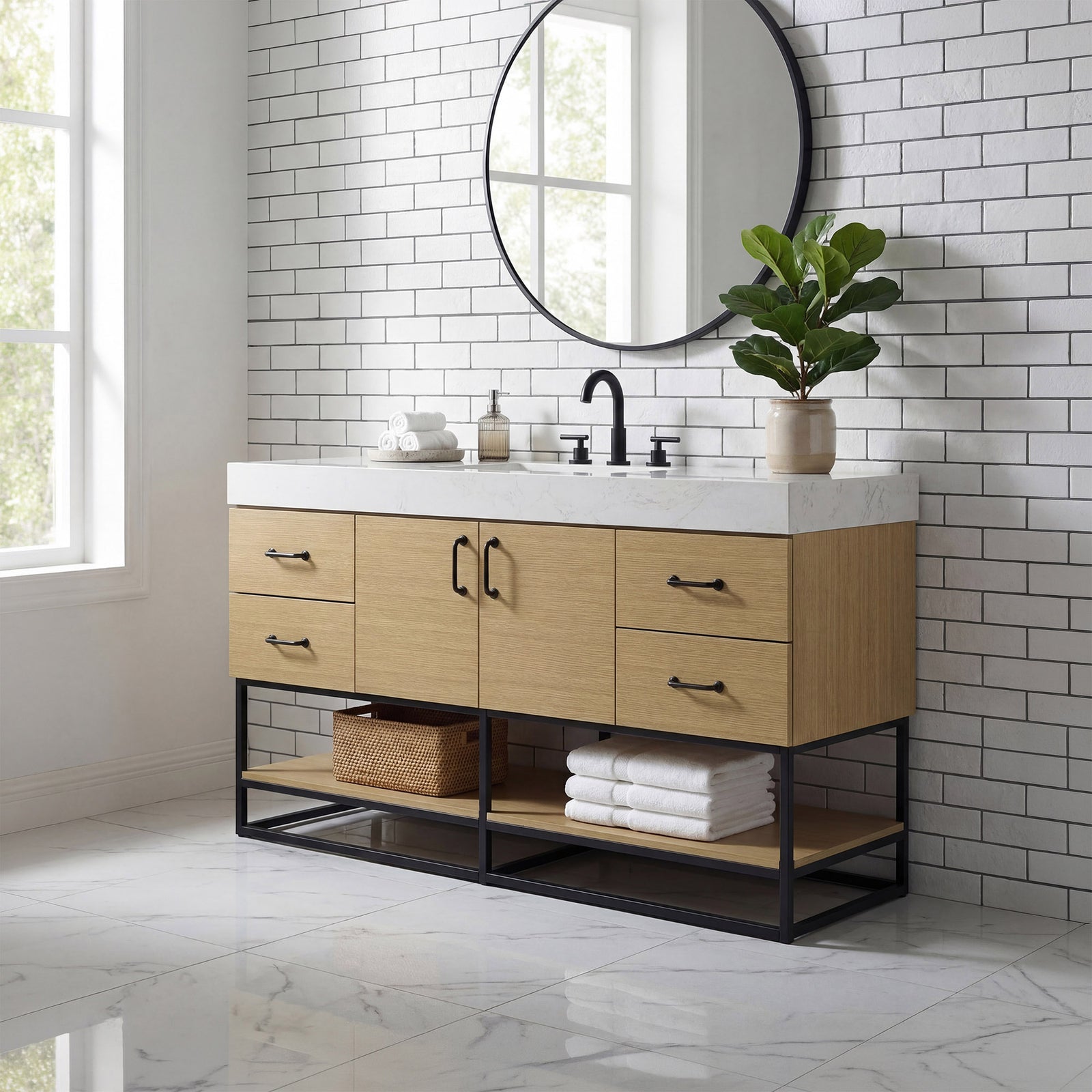 60 Inch Single Bathroom Vanity In Honey Brown - View 2 - Joshua Marshal