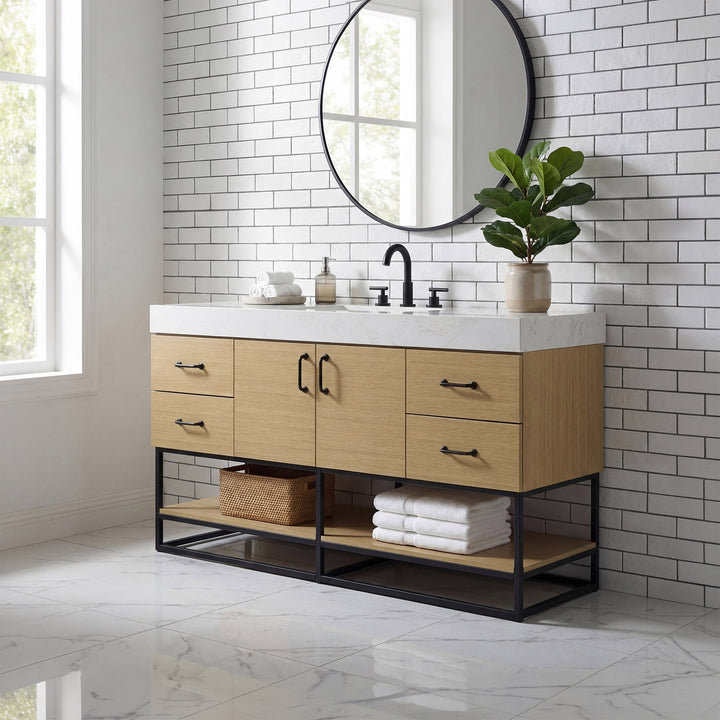 60 Inch Single Bathroom Vanity In Honey Brown - View 2 - Joshua Marshal