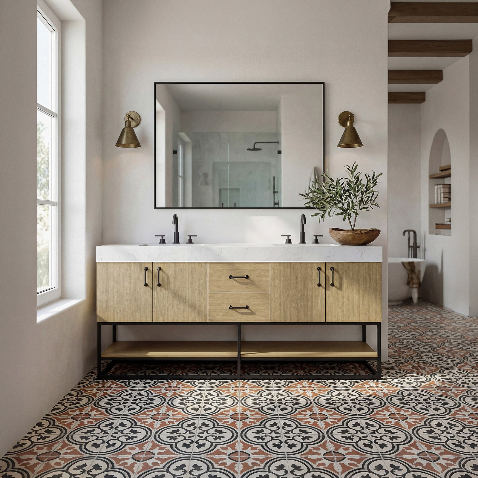 72 Inch Double Bathroom Vanity In Honey Brown - View 2 - Joshua Marshal
