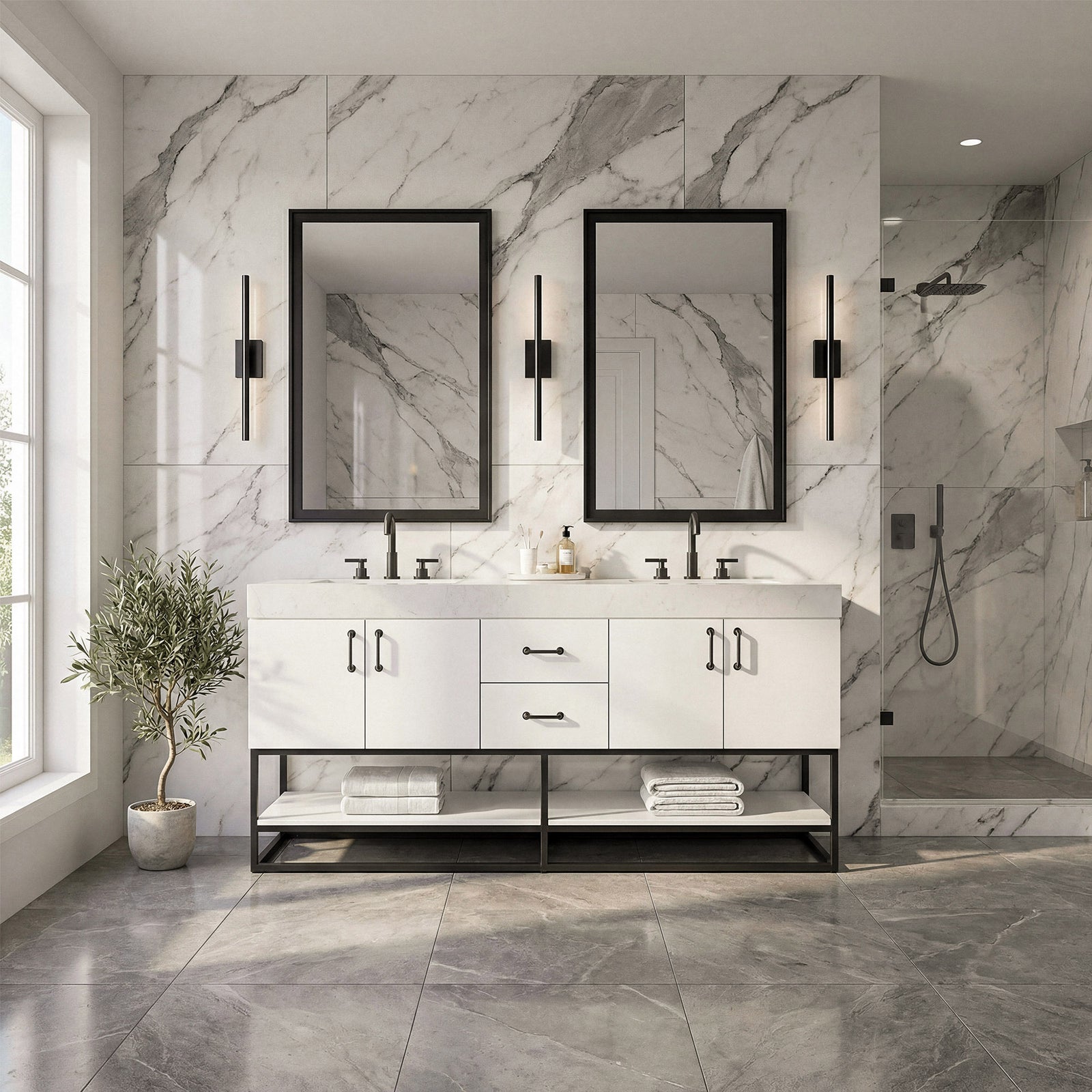 72 Inch Double Bathroom Vanity In White - View 2 - Joshua Marshal