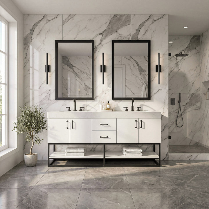 72 Inch Double Bathroom Vanity In White - View 2 - Joshua Marshal