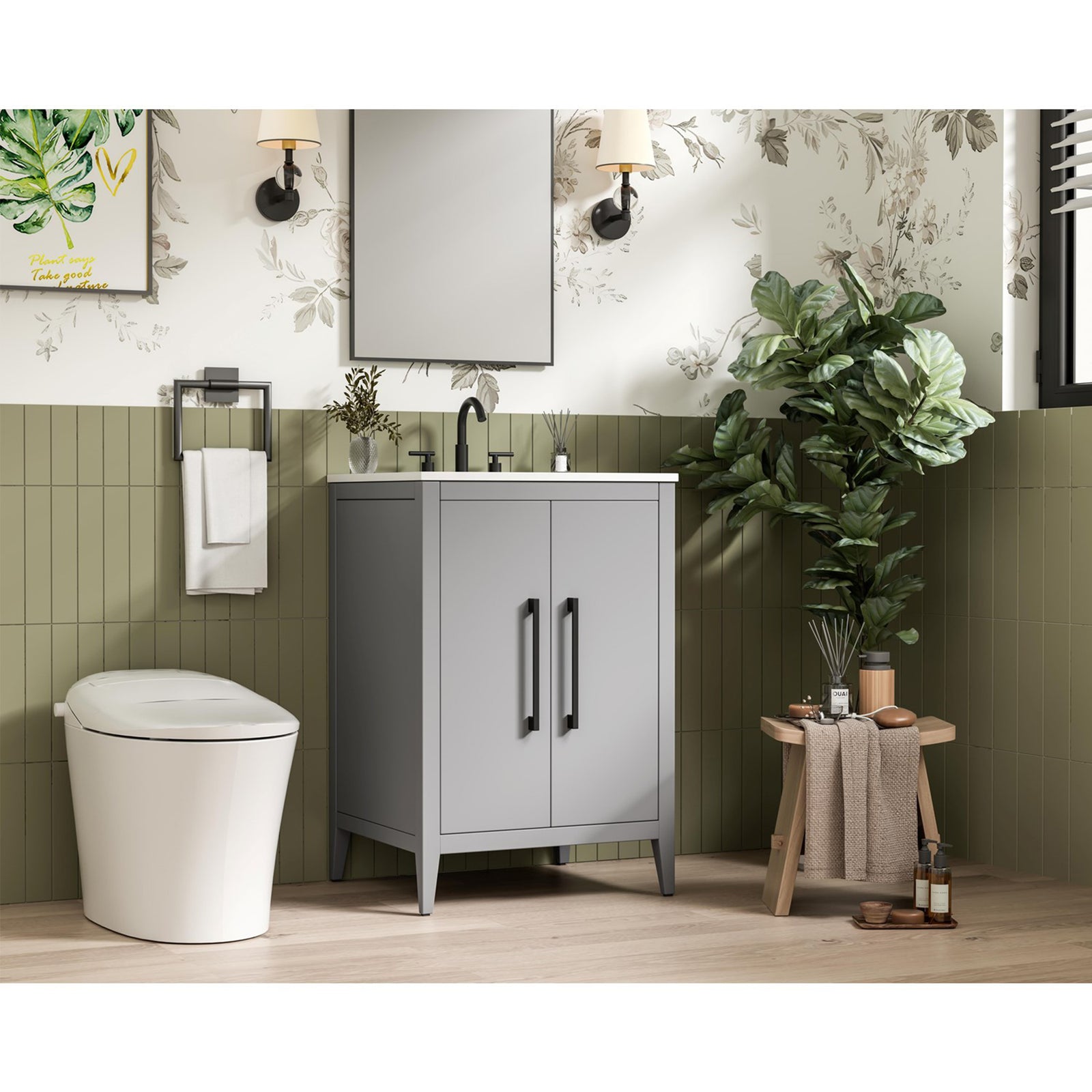24 Inch Single Bathroom Vanity In Grey - View 2 - Joshua Marshal