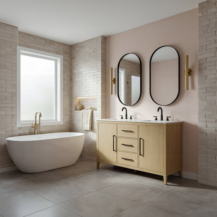 54 Inch Double Bathroom Vanity In Honey Brown - View 2 - Joshua Marshal