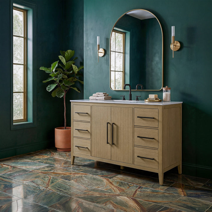 54 Inch Single Bathroom Vanity In Honey Brown - View 2 - Joshua Marshal