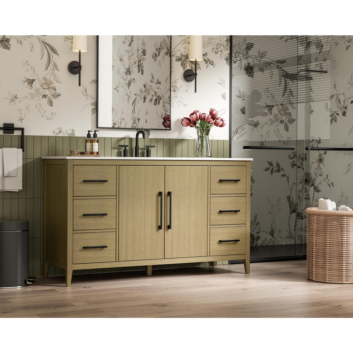 60 Inch Single Bathroom Vanity In Honey Brown - View 2 - Joshua Marshal