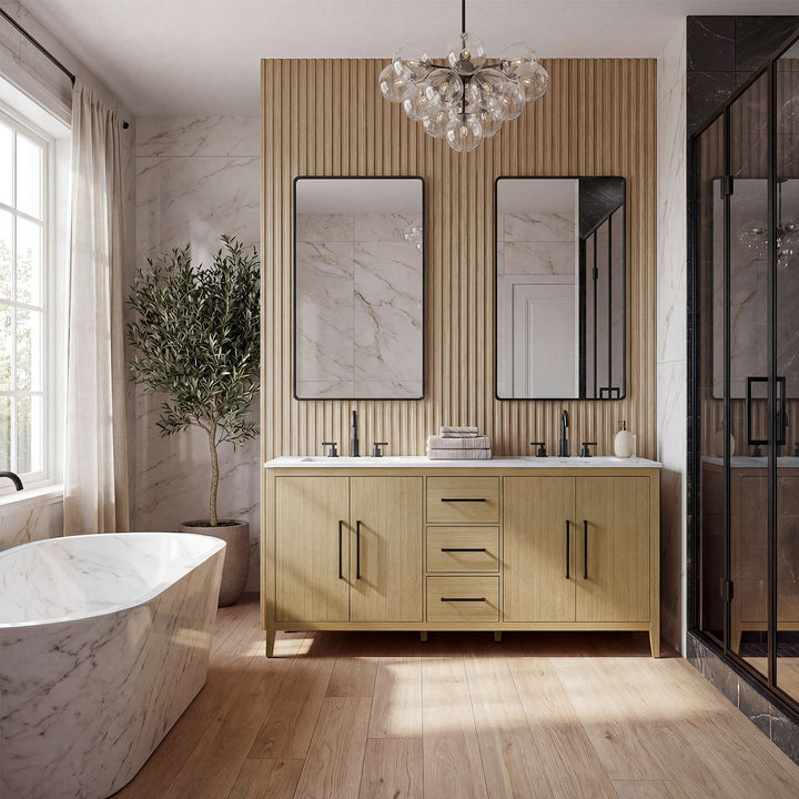 72 Inch Double Bathroom Vanity In Honey Brown - View 2 - Joshua Marshal