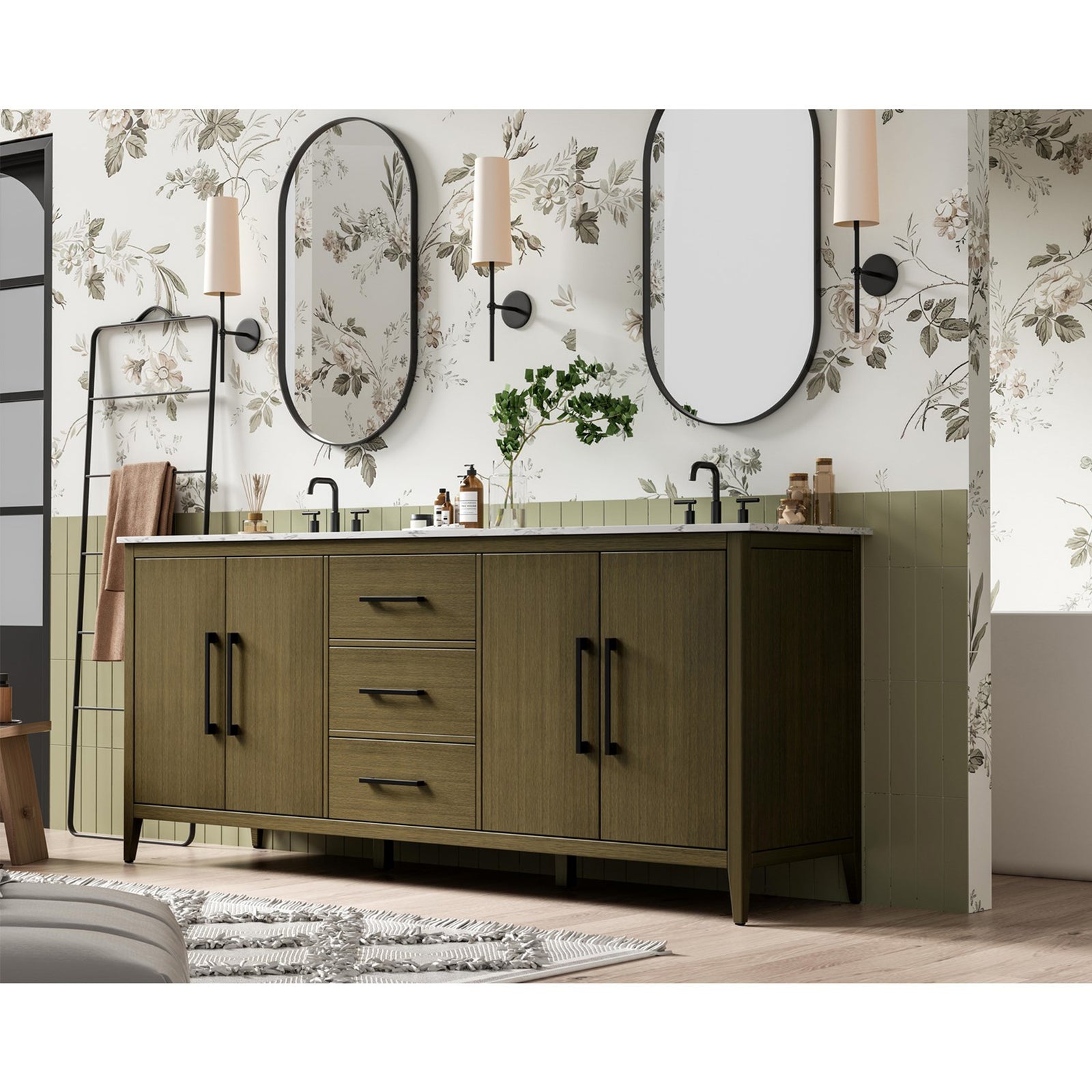 84 Inch Double Bathroom Vanity In Chestnut Brown - View 2 - Joshua Marshal