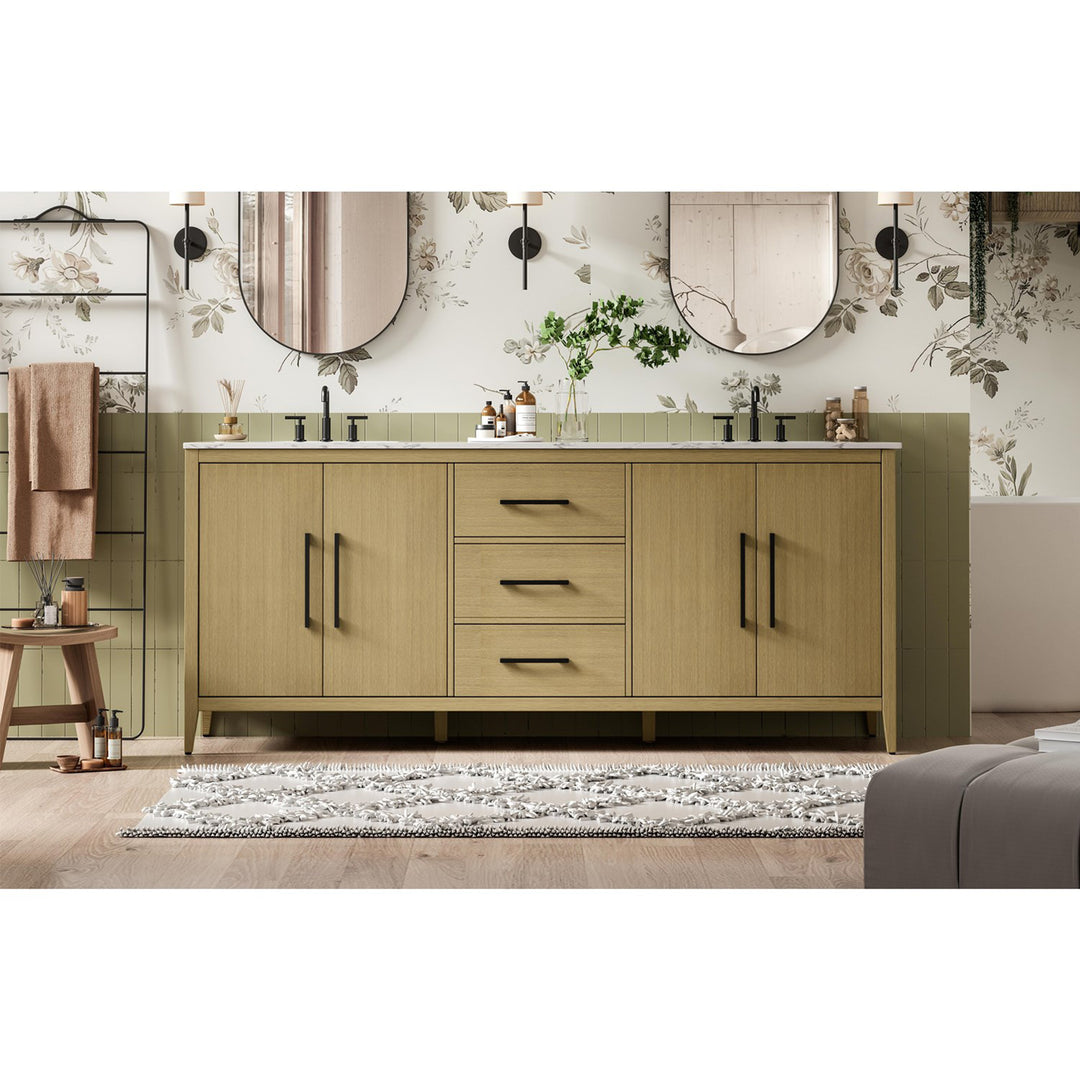 84 Inch Double Bathroom Vanity In Honey Brown - View 2 - Joshua Marshal
