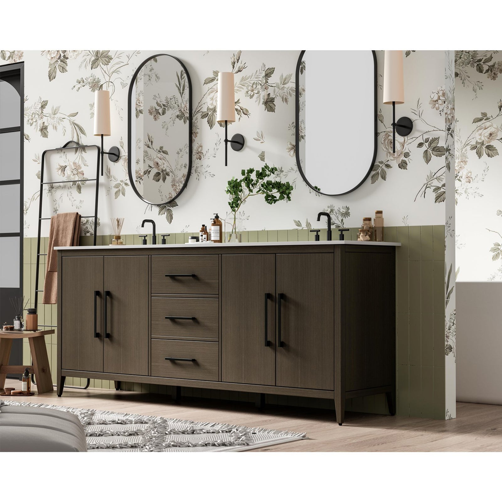 84 Inch Double Bathroom Vanity In Mocha Brown - View 2 - Joshua Marshal