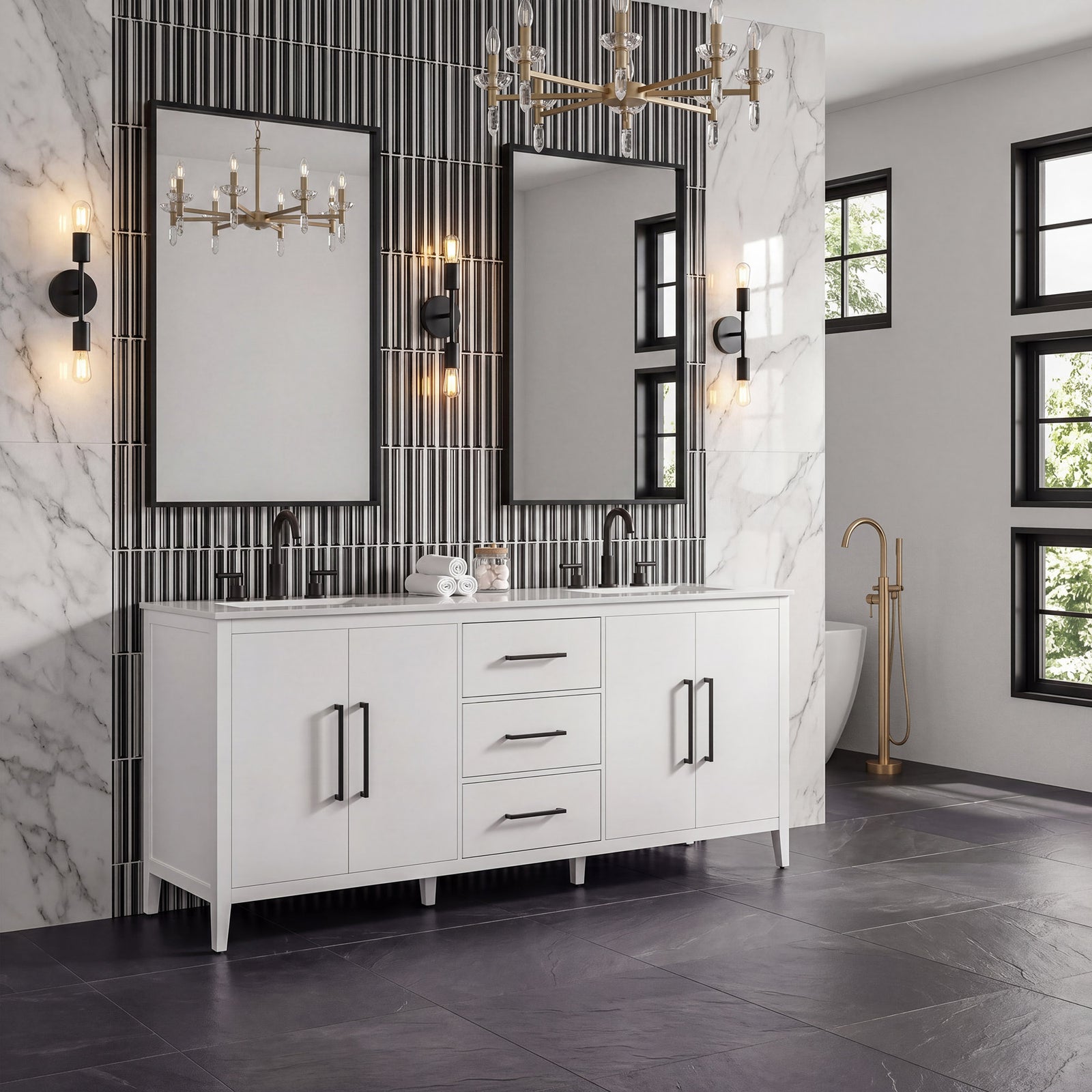 84 Inch Double Bathroom Vanity In White - View 2 - Joshua Marshal