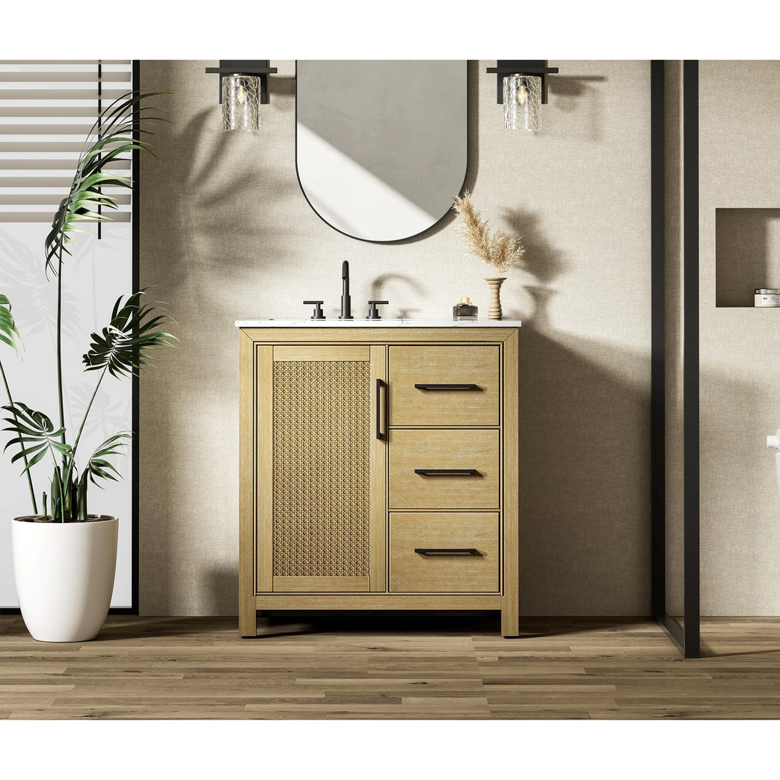 32 Inch Single Bathroom Vanity In Linen Oak - View 2 - Joshua Marshal
