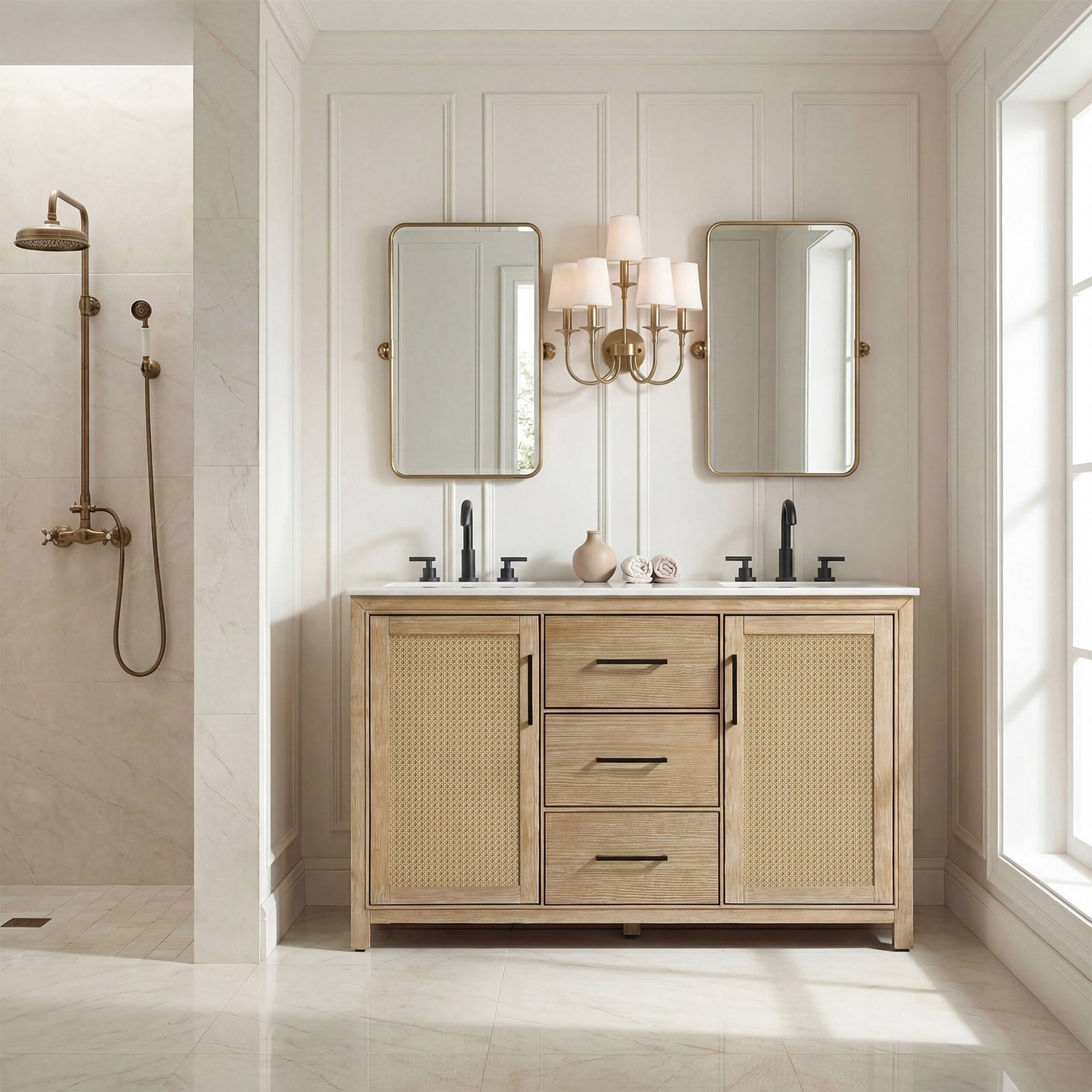 54 Inch Double Bathroom Vanity In Linen Oak - View 2 - Joshua Marshal