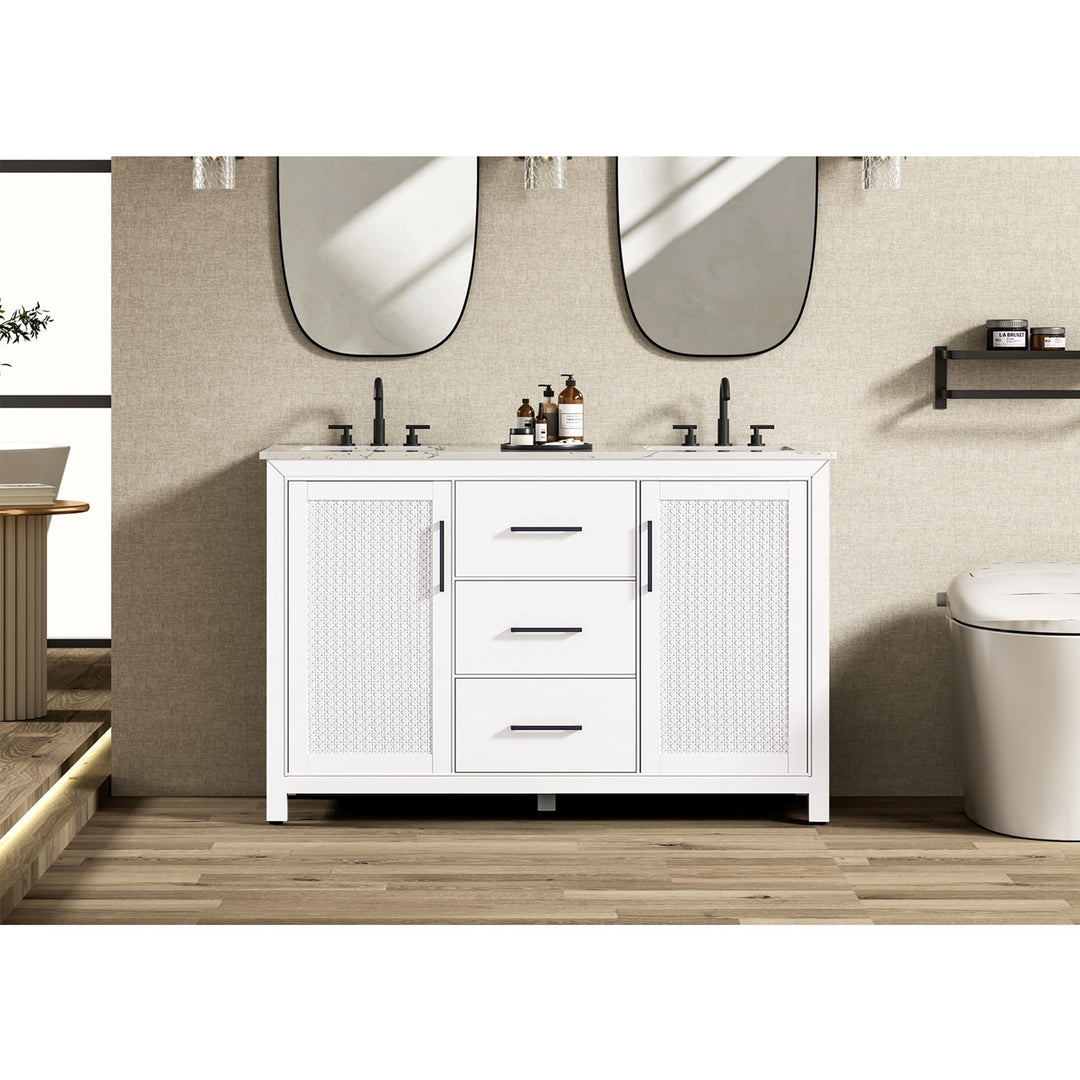54 Inch Double Bathroom Vanity In White - View 2 - Joshua Marshal
