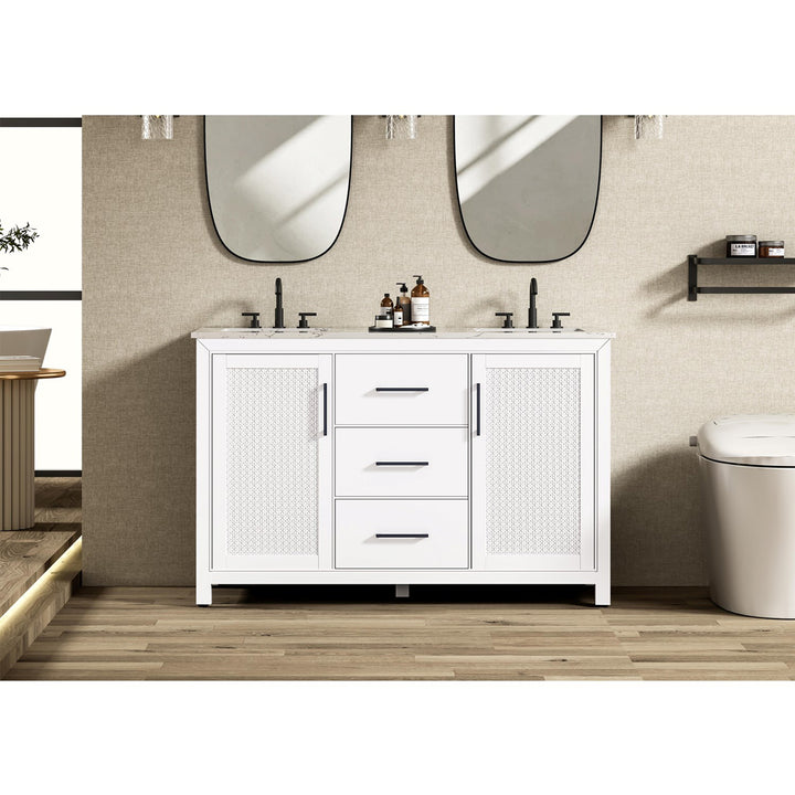 54 Inch Double Bathroom Vanity In White - View 2 - Joshua Marshal