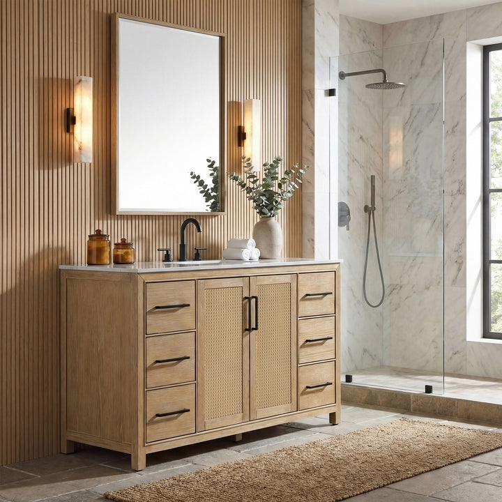 54 Inch Single Bathroom Vanity In Linen Oak - View 2 - Joshua Marshal