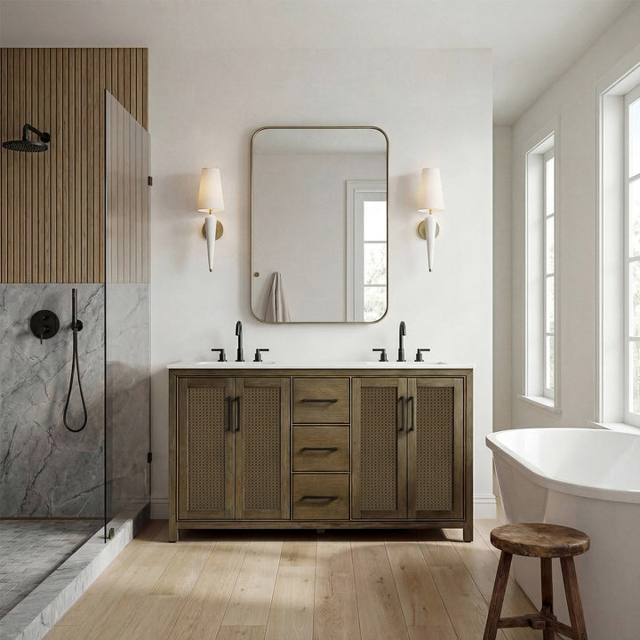 60 Inch Double Bathroom Vanity In Hazel Oak - View 2 - Joshua Marshal