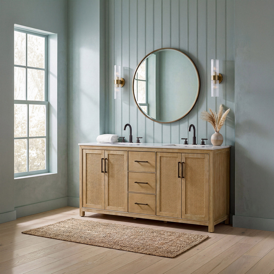 72 Inch Double Bathroom Vanity In Linen Oak - View 2 - Joshua Marshal