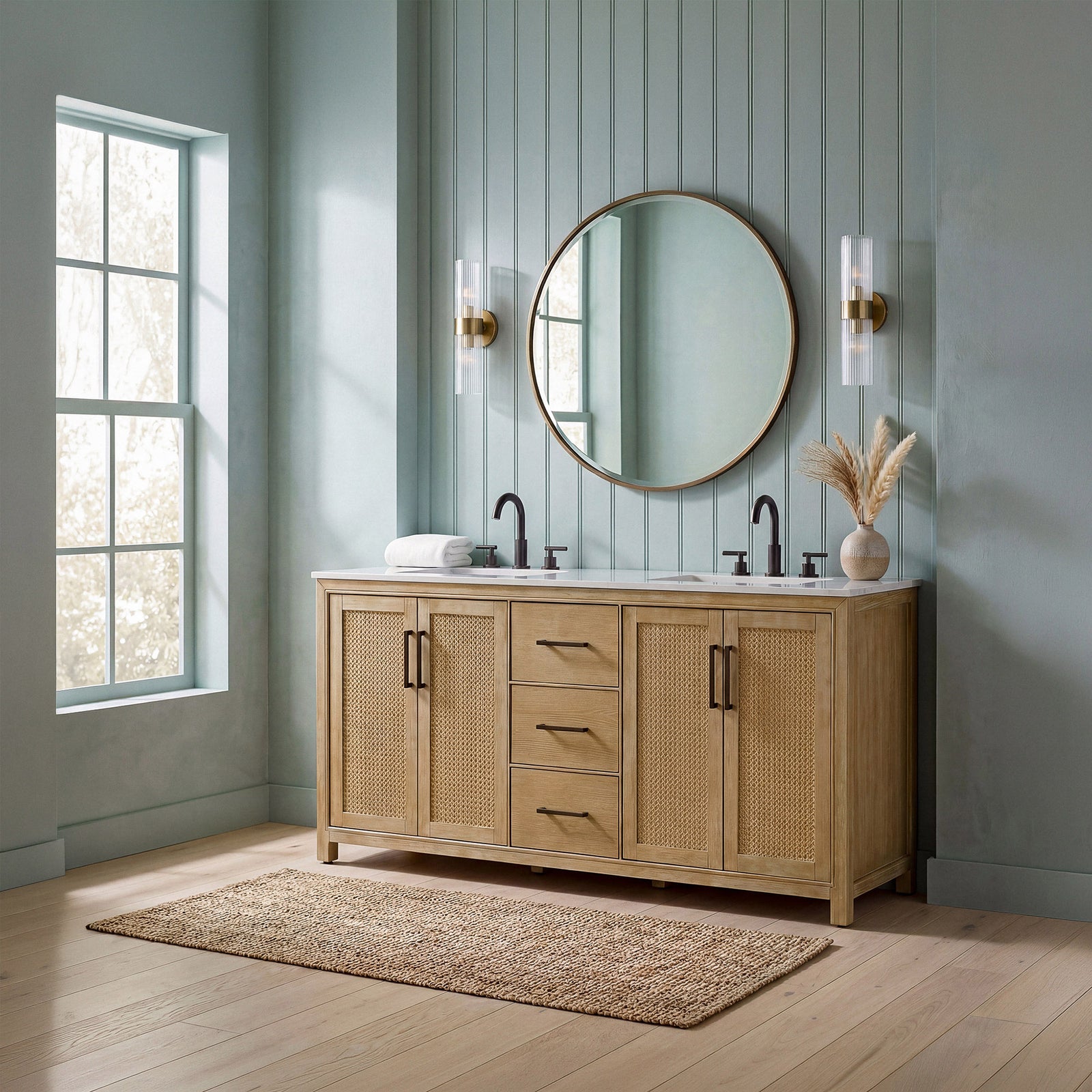 72 Inch Double Bathroom Vanity In Linen Oak - View 2 - Joshua Marshal