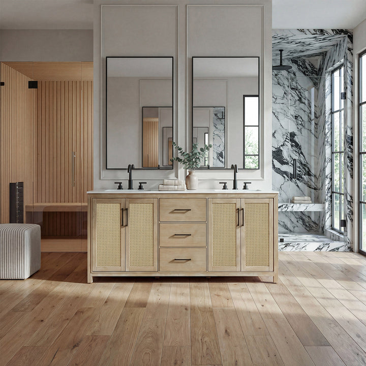 84 Inch Double Bathroom Vanity In Linen Oak - View 2 - Joshua Marshal