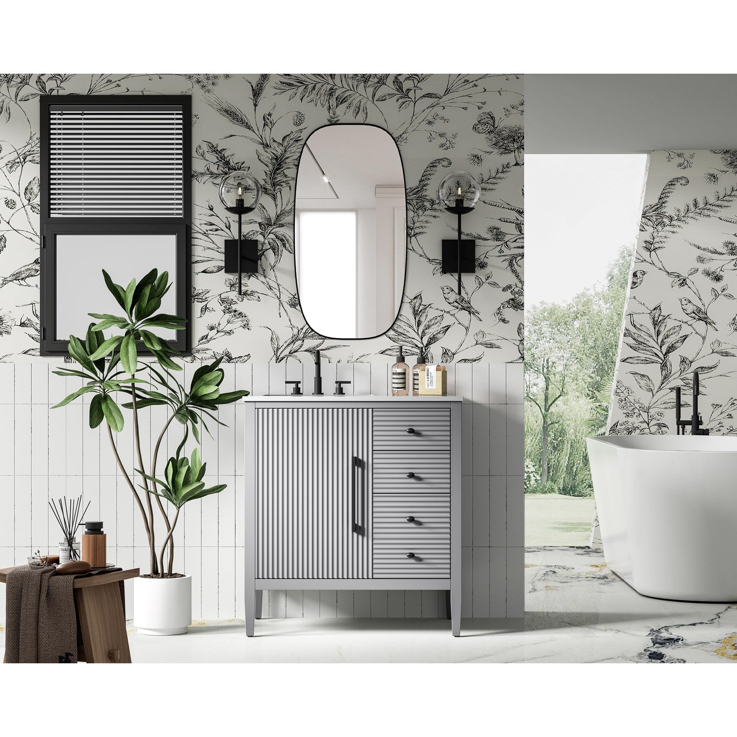 32 Inch Single Bathroom Vanity In Grey - View 2 - Joshua Marshal